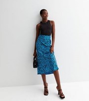 New Look Tall Blue Zebra Print Satin Bias Cut Midi Skirt